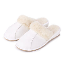 Dames lederen sloffen met sleehak met schapenwol, wit