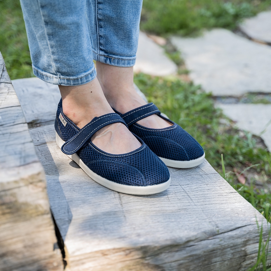 Dames comfort ballerina's met klittenband, blauw