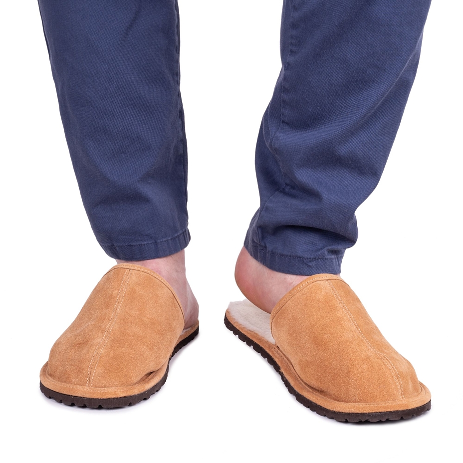 Heren lederen slippers met schapenwol Tom
