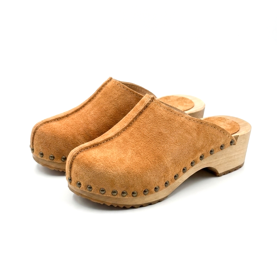 Anatomische houten klompen voor dames nubuckleder met klinknagels, beige