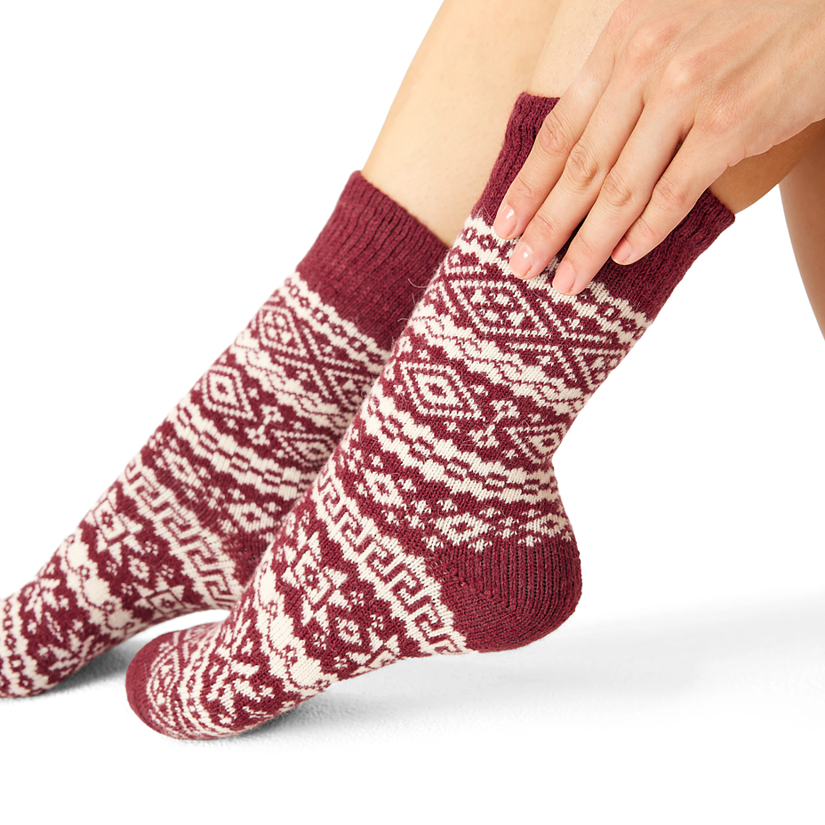 Merino schapenwollen sokken met Noors patroon rood