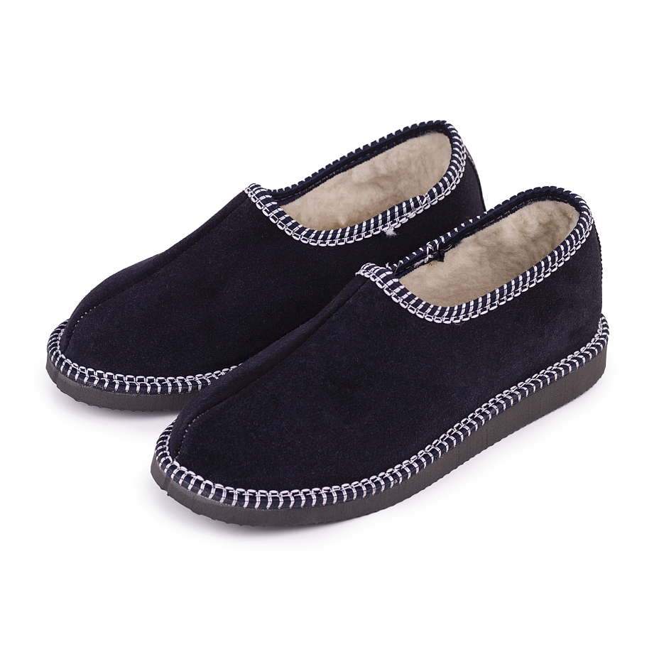Lederen pantoffels met schapenwol salasky, donkerblauw