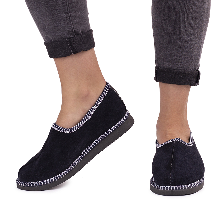 Lederen pantoffels met schapenwol salasky, donkerblauw