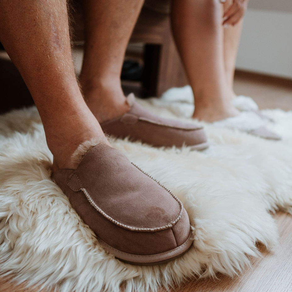Heren lederen slippers met schapenwol Erik, beige
