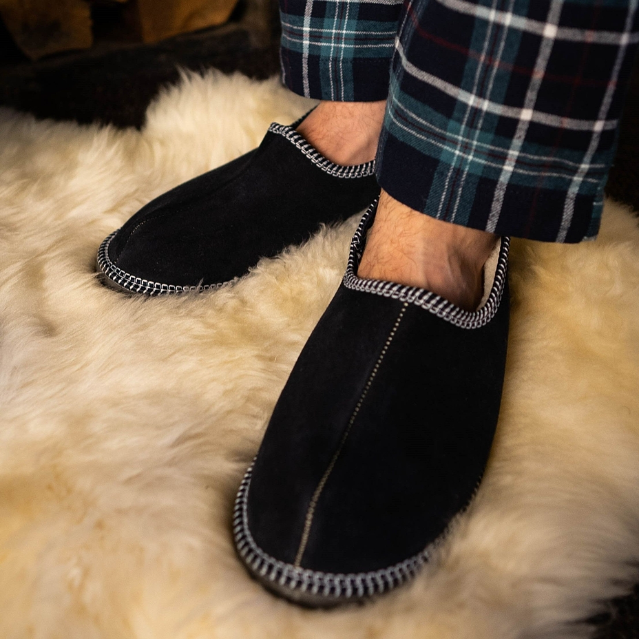 Lederen pantoffels met schapenwol salasky, donkerblauw